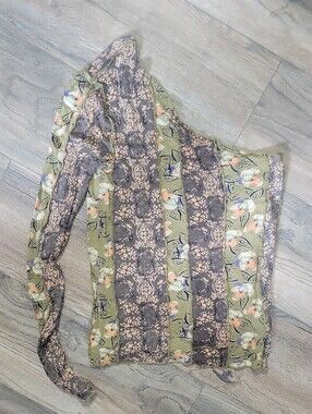 Free People Olive Green and Gray Floral One-Shoulder Top NWOT SMALL